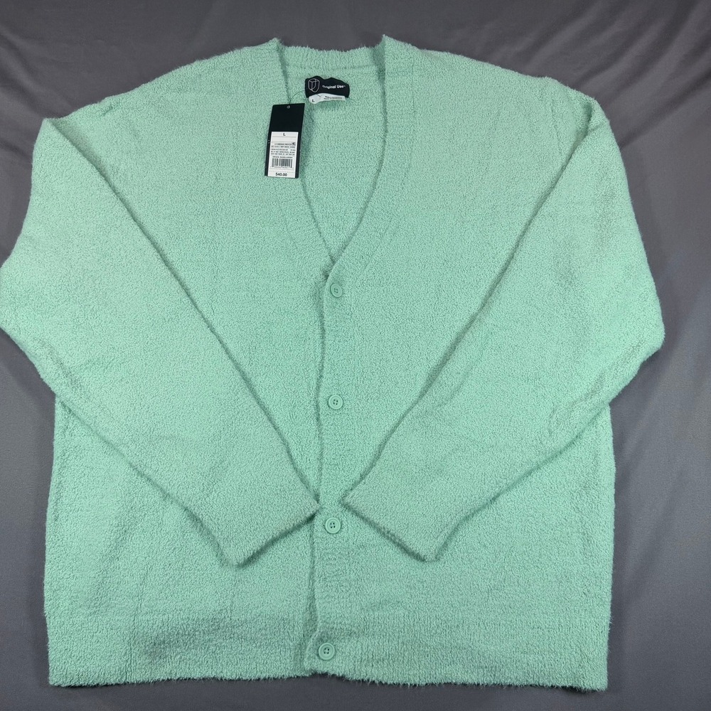 Original Use Mens L Mint Green 100% Nylon Fuzzy Eyelash Knit Cardigan Sweater